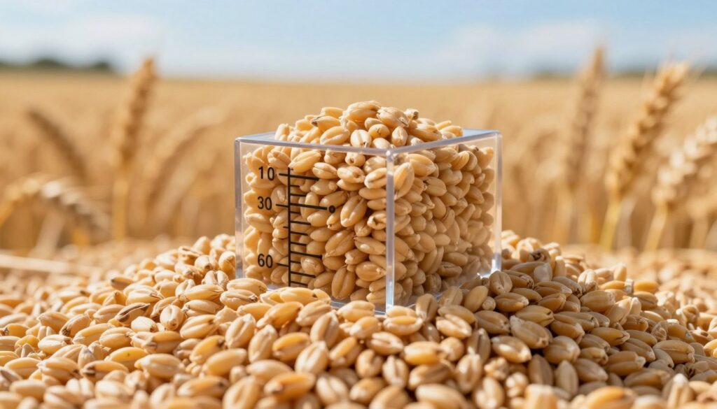 A detailed close-up of a cubic meter of wheat, showcasing its golden grains piled high, glistening under soft diffused sunlight. The foreground features the intricate textures of individual wheat kernels, highlighting their rustic beauty. In the middle ground, a transparent measuring cube, emphasizing the cubic meter volume, sits filled with wheat. The background displays a serene farm landscape, softly blurred, with rows of wheat fields extending towards the horizon under a clear blue sky. The atmosphere conveys a sense of abundance and agricultural richness, with warm golden tones dominating the scene, creating an inviting and educational mood, ideal for illustrating the subject of wheat weight and volume. No text or watermarks are present in the image.