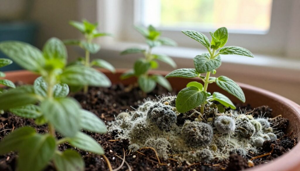 A detailed close-up of mold on the soil of a potted marjoram plant, highlighting the textured green and grey fungal growth. In the foreground, the vibrant green leaves of the marjoram stand out, healthy and lush. The middle layer features the rich, dark soil where the mold is spreading, creating a contrast against the plant. In the background, a softly blurred kitchen window can be seen, letting in warm, natural light that enhances the earthy tones and provides a realistic indoor atmosphere. The mood conveys a sense of urgency and the importance of plant care, with an overall focus on textures and colors that emphasize the relationship between the marjoram and the mold. A detailed close-up of mold on the soil of a potted marjoram plant, highlighting the textured green and grey fungal growth. In the foreground, the vibrant green leaves of the marjoram stand out, healthy and lush. The middle layer features the rich, dark soil where the mold is spreading, creating a contrast against the plant. In the background, a softly blurred kitchen window can be seen, letting in warm, natural light that enhances the earthy tones and provides a realistic indoor atmosphere. The mood conveys a sense of urgency and the importance of plant care, with an overall focus on textures and colors that emphasize the relationship between the marjoram and the mold.