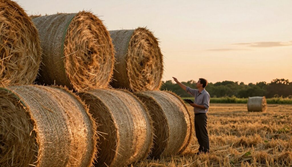A detailed composition showing a variety of hay bales (kostka siana) in a serene rural landscape. In the foreground, several well-structured bales of hay are neatly stacked, each showing unique textures and colors, capturing the natural fibers. In the middle ground, a farmer in modest clothing inspects one bale, keeping an observant eye on its quality, with a clipboard in hand. The background features a soft, golden-hued sunset casting warm light across the fields, enhancing both the bales and the surrounding greenery. The scene conveys a calm, thoughtful atmosphere, with a focus on the importance of quality in agricultural products. Shot with a slightly tilted perspective, resembling a lens view emphasizing depth and detail, without any distractions like text or watermarks. A detailed composition showing a variety of hay bales (kostka siana) in a serene rural landscape. In the foreground, several well-structured bales of hay are neatly stacked, each showing unique textures and colors, capturing the natural fibers. In the middle ground, a farmer in modest clothing inspects one bale, keeping an observant eye on its quality, with a clipboard in hand. The background features a soft, golden-hued sunset casting warm light across the fields, enhancing both the bales and the surrounding greenery. The scene conveys a calm, thoughtful atmosphere, with a focus on the importance of quality in agricultural products. Shot with a slightly tilted perspective, resembling a lens view emphasizing depth and detail, without any distractions like text or watermarks.