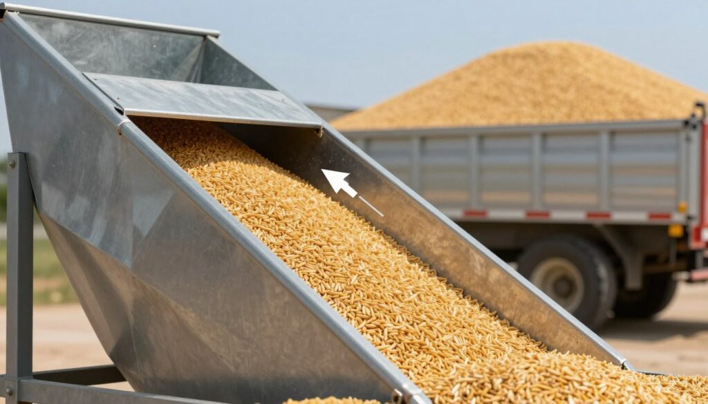 A detailed illustration of a grain chute, featuring a well-designed opening that allows for efficient grain flow. In the foreground, showcase the intricacies of the chute’s interior, highlighting the smooth slopes optimized for grain movement. In the middle ground, depict the angle of inclination, with arrows or indicators demonstrating the optimal slope for flow efficiency. The background displays a grain trailer, partially filled with golden grains, under a clear blue sky, creating a bright and practical atmosphere. Use natural lighting to enhance the textures of the metal and grains, with a slight focus blur on the background to draw attention to the chute. Capture the image from a slightly elevated angle to emphasize the depth and functionality of the chute design.