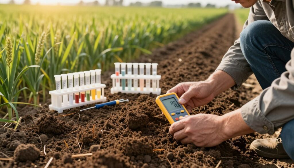 A detailed image of soil analysis in a vibrant agricultural field, showcasing a close-up view of rich, dark brown soil with visible texture and organic matter. In the foreground, a professional agronomist in a modest casual outfit holds a pH meter, closely examining the soil. In the middle ground, various soil testing equipment like sample tubes and measuring tools are arranged systematically. The background features rows of healthy winter wheat plants, highlighting the connection between soil health and crop yield. Golden sunlight filters through the scene, casting gentle shadows and creating a warm, inviting atmosphere, with a focus on the importance of soil testing for effective fertilizer dosing. A detailed image of soil analysis in a vibrant agricultural field, showcasing a close-up view of rich, dark brown soil with visible texture and organic matter. In the foreground, a professional agronomist in a modest casual outfit holds a pH meter, closely examining the soil. In the middle ground, various soil testing equipment like sample tubes and measuring tools are arranged systematically. The background features rows of healthy winter wheat plants, highlighting the connection between soil health and crop yield. Golden sunlight filters through the scene, casting gentle shadows and creating a warm, inviting atmosphere, with a focus on the importance of soil testing for effective fertilizer dosing.