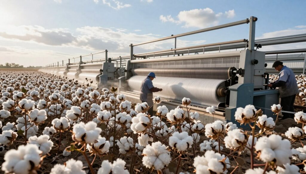 A detailed industrial cotton processing scene, showcasing the evolution of cotton from field to final products. In the foreground, vibrant cotton plants with fluffy white bolls, glistening in the early morning sunlight. In the middle ground, a modern textile factory with large machines spinning fibers and workers in professional attire operating them, all immersed in the productive environment. The background features a cotton field under a bright blue sky, interspersed with clouds. The lighting is warm, creating an inviting atmosphere, with a slight hint of movement in the air. The angle captures a wide view of both the factory and the fields, emphasizing the connection between agriculture and industry in cotton usage. The image embodies a blend of productivity and natural beauty, highlighting cotton's significance in various applications. A detailed industrial cotton processing scene, showcasing the evolution of cotton from field to final products. In the foreground, vibrant cotton plants with fluffy white bolls, glistening in the early morning sunlight. In the middle ground, a modern textile factory with large machines spinning fibers and workers in professional attire operating them, all immersed in the productive environment. The background features a cotton field under a bright blue sky, interspersed with clouds. The lighting is warm, creating an inviting atmosphere, with a slight hint of movement in the air. The angle captures a wide view of both the factory and the fields, emphasizing the connection between agriculture and industry in cotton usage. The image embodies a blend of productivity and natural beauty, highlighting cotton's significance in various applications.
