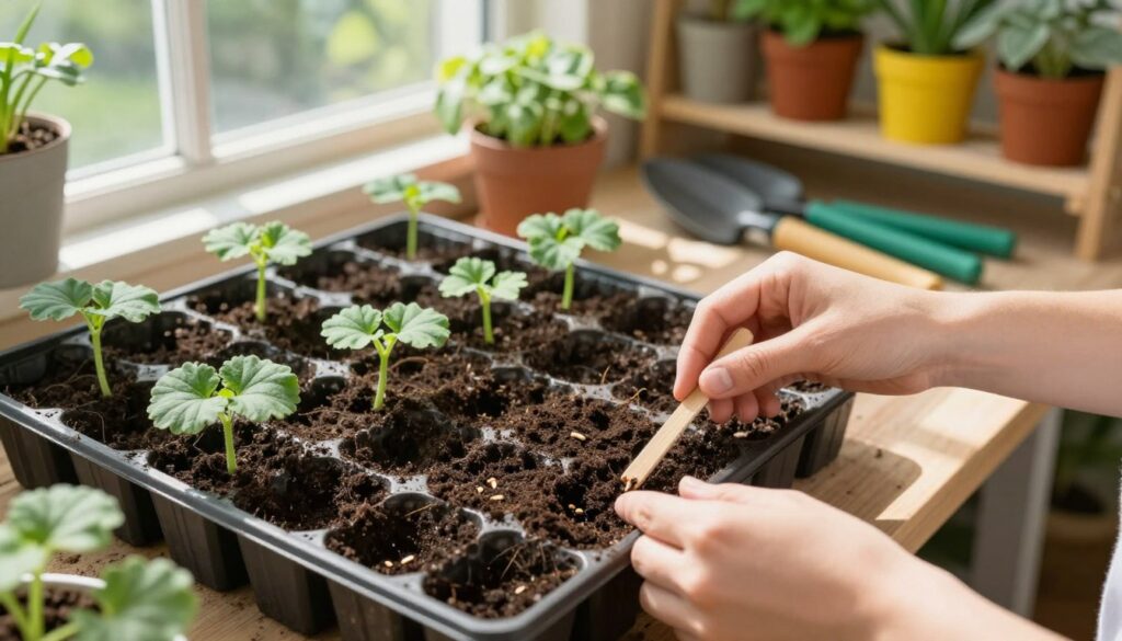 A detailed step-by-step gardening scene focused on sowing geranium seeds. In the foreground, a pair of hands gently sowing seeds into rich, dark soil within small seedling trays, using a wooden stick for precision. The middle ground features organized rows of seedlings under bright, natural light streaming from a nearby window, showcasing green sprouts with two to four leaves. The background consists of a sunny, cozy greenhouse setting, filled with shelves of vibrant potted plants, with garden tools neatly arranged. Soft shadows cast by the sunlight create a warm and inviting atmosphere, emphasizing the nurturing aspect of planting. The image is bright and colorful, capturing the essence of growth and care in gardening.