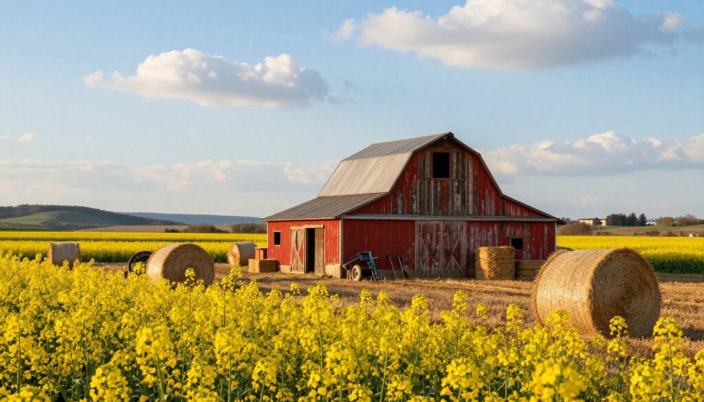 A field of rapeseed crops, vibrant yellow flowers in full bloom, fills the foreground, with neatly stacked bales of straw and hay scattered throughout. The middle ground features a rustic wooden barn, its red paint weathered by time, with farming tools leaning against it. In the background, a clear blue sky dotted with fluffy white clouds adds depth, while distant hills suggest a peaceful countryside. The lighting is soft and warm, evoking a serene late afternoon atmosphere. The scene captures a sense of agricultural abundance and harmony, ideal for discussing common misunderstandings related to feed, straw, and hay in a farming context. The overall feel is inviting, reflective of rural life and its essential practices.