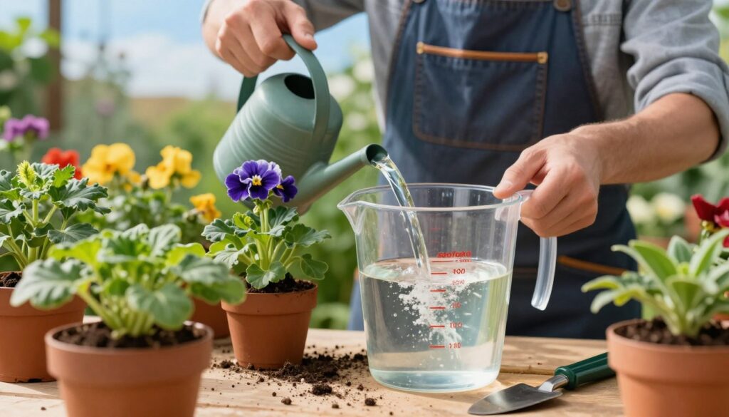 A hands-on gardener in professional attire, carefully mixing a clear solution of azofoska in a large, transparent measuring cup by a potting table filled with gardening tools. In the foreground, the vibrant green leaves of potted plants are visible, showing signs of healthy growth. In the middle, the gardener is using a watering can, pouring the prepared solution onto the soil of a flourishing flowering plant. The background features a sunny garden with colorful blooms and a blue sky, enhancing the feeling of an active gardening environment. Soft, natural lighting highlights the textures of the plants and the clear liquid, creating a warm and inviting atmosphere suitable for a nurturing gardening scene.