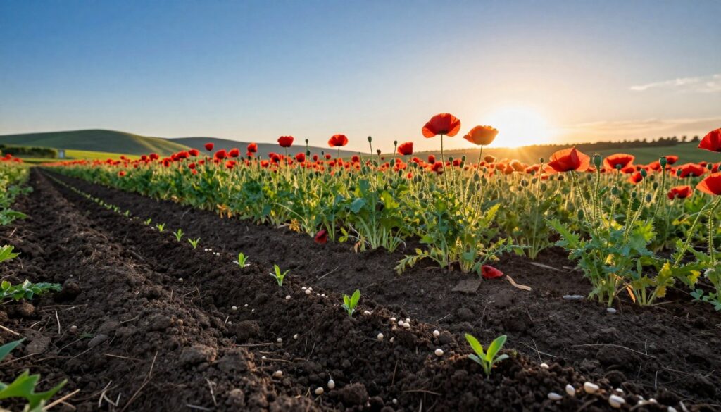 A lush field of blooming poppies under a clear blue sky, showcasing a spectacular display of vibrant red and green hues. In the foreground, a close-up view of freshly sown seeds nestled in dark, moist soil, symbolizing the beginning of their growth journey. The middle ground features rows of healthy, young poppy seedlings standing upright, their delicate leaves catching the sunlight. In the background, the sun sets behind distant rolling hills, casting a warm golden light across the scene, enhancing the tranquility of the moment. The atmosphere is serene, perfect for illustrating the cultivation process. The perspective is slightly elevated, giving a panoramic view that invites the viewer to appreciate both the planted seeds and the thriving field. A lush field of blooming poppies under a clear blue sky, showcasing a spectacular display of vibrant red and green hues. In the foreground, a close-up view of freshly sown seeds nestled in dark, moist soil, symbolizing the beginning of their growth journey. The middle ground features rows of healthy, young poppy seedlings standing upright, their delicate leaves catching the sunlight. In the background, the sun sets behind distant rolling hills, casting a warm golden light across the scene, enhancing the tranquility of the moment. The atmosphere is serene, perfect for illustrating the cultivation process. The perspective is slightly elevated, giving a panoramic view that invites the viewer to appreciate both the planted seeds and the thriving field.