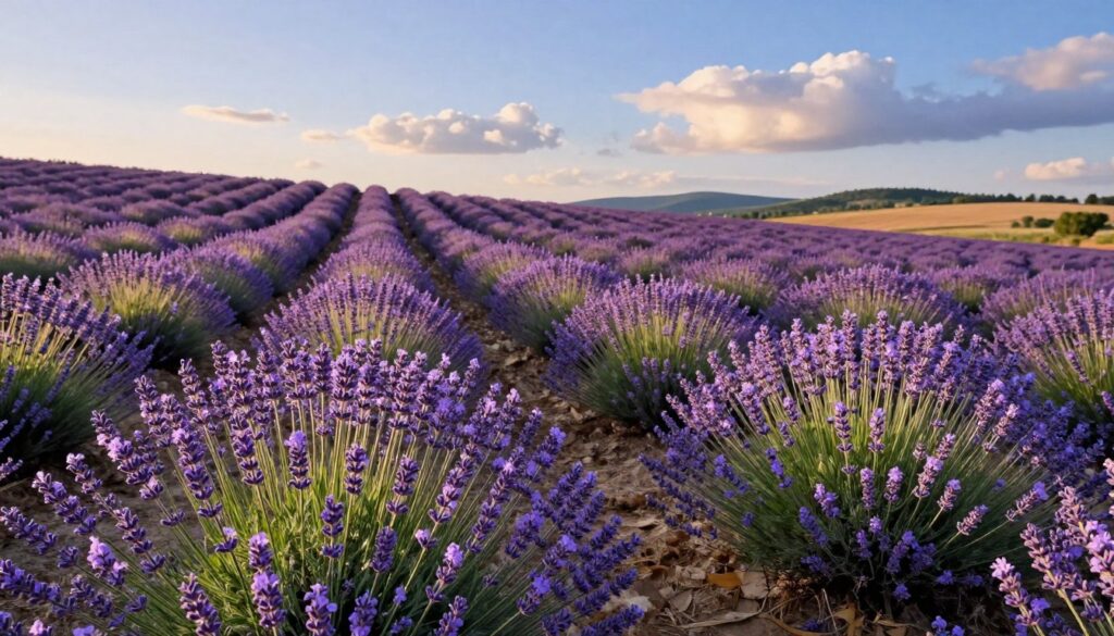 A lush field of lavender in full bloom, showcasing the most popular varieties of lavender found in Poland. The foreground includes vibrant clusters of deep purple Grosso and pale lavender Munstead, with green leaves contrasting beautifully. The middle ground features a gentle slope lined with rows of blooming plants, creating waves of color that draw the eye. In the background, a serene landscape of rolling hills and a clear blue sky with soft, fluffy clouds enhances the scene. The golden hour lighting casts a warm glow, highlighting the textures of the petals and creating a dreamlike atmosphere. Capture this view with a wide-angle lens, focusing on the enchanting colors and the tranquil mood of a lavender field in peak season. A lush field of lavender in full bloom, showcasing the most popular varieties of lavender found in Poland. The foreground includes vibrant clusters of deep purple Grosso and pale lavender Munstead, with green leaves contrasting beautifully. The middle ground features a gentle slope lined with rows of blooming plants, creating waves of color that draw the eye. In the background, a serene landscape of rolling hills and a clear blue sky with soft, fluffy clouds enhances the scene. The golden hour lighting casts a warm glow, highlighting the textures of the petals and creating a dreamlike atmosphere. Capture this view with a wide-angle lens, focusing on the enchanting colors and the tranquil mood of a lavender field in peak season.