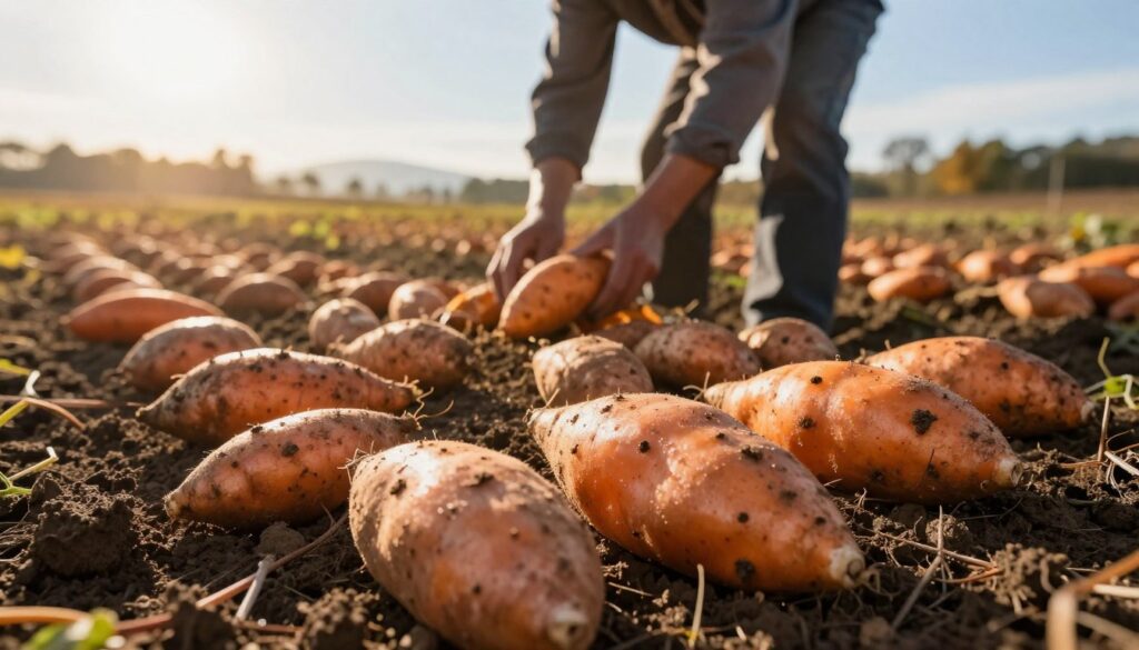 A lush field of orange sweet potatoes, freshly harvested, laying on the rich, dark soil. In the foreground, the shiny, knobby shapes of the sweet potatoes contrast against the earth, showing signs of mud and moisture, indicative of recent rains. In the middle ground, a farmer, dressed in modest casual clothing, gently gathers the sweet potatoes, showcasing the care needed for a successful harvest. The background features a clear autumn sky, with soft, golden sunlight streaming down, creating a warm, inviting atmosphere. The scene captures the essence of an early autumn day, emphasizing the urgency of harvesting before the frost arrives, while showcasing the nurturing process of maintaining quality tubers. A lush field of orange sweet potatoes, freshly harvested, laying on the rich, dark soil. In the foreground, the shiny, knobby shapes of the sweet potatoes contrast against the earth, showing signs of mud and moisture, indicative of recent rains. In the middle ground, a farmer, dressed in modest casual clothing, gently gathers the sweet potatoes, showcasing the care needed for a successful harvest. The background features a clear autumn sky, with soft, golden sunlight streaming down, creating a warm, inviting atmosphere. The scene captures the essence of an early autumn day, emphasizing the urgency of harvesting before the frost arrives, while showcasing the nurturing process of maintaining quality tubers.