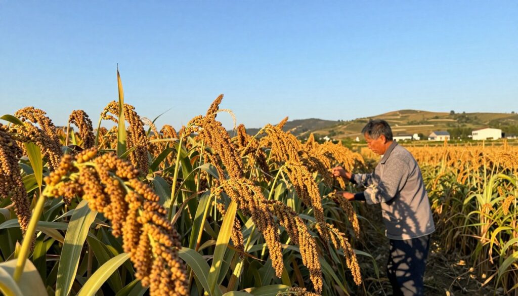 A lush field of proso (millet) ready for harvest, showcasing its golden-yellow grains swaying gently in the breeze. In the foreground, close-up detail of the proso panicles, highlighting their texture and color against a clear blue sky. In the middle ground, a farmer in modest casual clothing, diligently inspecting the proso plants, emphasizing the practical aspect of cultivation. The background is a sunlit landscape featuring rolling hills and distant farmhouses under a warm, golden hour light, creating a serene and productive atmosphere. The angle is slightly elevated to provide a comprehensive view of the field, capturing both the scale of the crop and the farmer's interaction with it. Natural lighting enhances the vibrancy of the scene, conveying the richness of agricultural life. A lush field of proso (millet) ready for harvest, showcasing its golden-yellow grains swaying gently in the breeze. In the foreground, close-up detail of the proso panicles, highlighting their texture and color against a clear blue sky. In the middle ground, a farmer in modest casual clothing, diligently inspecting the proso plants, emphasizing the practical aspect of cultivation. The background is a sunlit landscape featuring rolling hills and distant farmhouses under a warm, golden hour light, creating a serene and productive atmosphere. The angle is slightly elevated to provide a comprehensive view of the field, capturing both the scale of the crop and the farmer's interaction with it. Natural lighting enhances the vibrancy of the scene, conveying the richness of agricultural life.