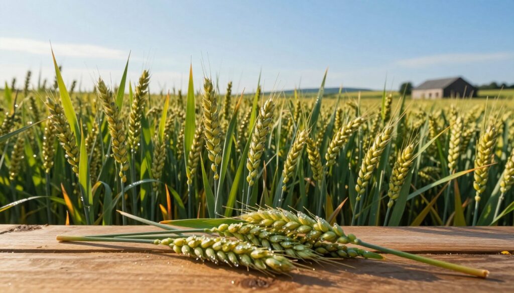 A lush field of rye (żyto) stretches under a clear blue sky, showcasing its vibrant green stalks swaying gently in the sunlight. In the foreground, focus on a handful of ripe rye grains, glistening with morning dew, displayed on a wooden surface to emphasize their texture. The middle ground features the healthy, tall rye plants, emerging confidently from less fertile soil, signifying their adaptability. In the background, a distant rural landscape with rolling hills and an old barn complements the scene. The atmosphere is serene and agricultural, filled with a warm golden sunlight that creates a tranquil mood. Capture this with a soft-focus lens effect to enhance the natural beauty of the rye, creating a harmonious balance between the foreground and the landscape behind. A lush field of rye (żyto) stretches under a clear blue sky, showcasing its vibrant green stalks swaying gently in the sunlight. In the foreground, focus on a handful of ripe rye grains, glistening with morning dew, displayed on a wooden surface to emphasize their texture. The middle ground features the healthy, tall rye plants, emerging confidently from less fertile soil, signifying their adaptability. In the background, a distant rural landscape with rolling hills and an old barn complements the scene. The atmosphere is serene and agricultural, filled with a warm golden sunlight that creates a tranquil mood. Capture this with a soft-focus lens effect to enhance the natural beauty of the rye, creating a harmonious balance between the foreground and the landscape behind.
