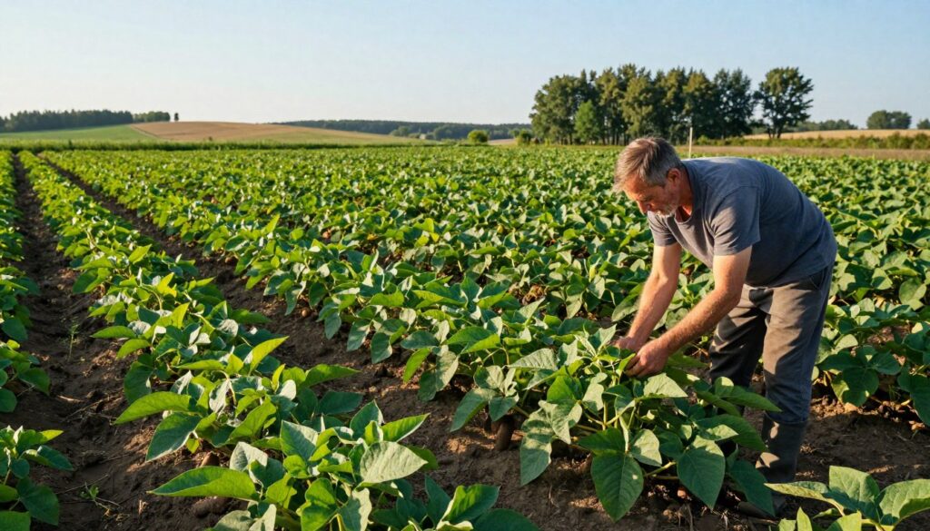 A lush field of sweet potato crops (bataty) in Poland, showcasing vibrant green leaves and the earthy soil beneath. In the foreground, a farmer in modest casual clothing is inspecting the plants, symbolizing the care and attention needed for cultivation. The middle ground features expansive rows of sweet potato vines under a clear blue sky, creating a sense of abundance. In the background, gentle hills and a mix of deciduous trees suggest Poland's diverse landscape. Soft afternoon sunlight illuminates the scene, casting gentle shadows and enhancing the colors. Capture a peaceful and hopeful atmosphere, reflecting the challenges and potential of sweet potato farming in the current climatic conditions. The image should be rich in detail, inviting the viewer into the world of sustainable agriculture.