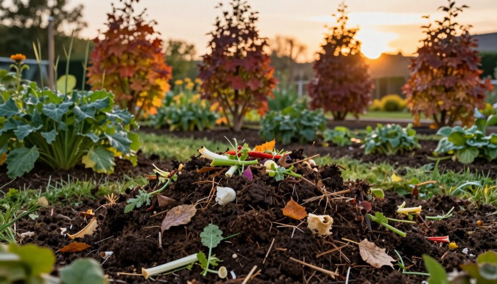 A lush garden scene showcasing a rich, dark pile of compost in the foreground, teeming with various organic materials like vegetable scraps, leaves, and grass clippings. The middle ground features healthy, vibrant plants and a few tuja (arboreal shrubs) displaying their rich autumn colors, surrounded by earthy soil. In the background, a gentle, golden sunset casts warm, inviting light over the entire scene, highlighting the textures of the compost and plants. The atmosphere is serene and calm, illustrating the importance of organic fertilizers in autumn gardening. The image captures the essence of healthy soil ecology, with a focus on the compost's contribution to better soil structure and enriched plant growth. A lush garden scene showcasing a rich, dark pile of compost in the foreground, teeming with various organic materials like vegetable scraps, leaves, and grass clippings. The middle ground features healthy, vibrant plants and a few tuja (arboreal shrubs) displaying their rich autumn colors, surrounded by earthy soil. In the background, a gentle, golden sunset casts warm, inviting light over the entire scene, highlighting the textures of the compost and plants. The atmosphere is serene and calm, illustrating the importance of organic fertilizers in autumn gardening. The image captures the essence of healthy soil ecology, with a focus on the compost's contribution to better soil structure and enriched plant growth.