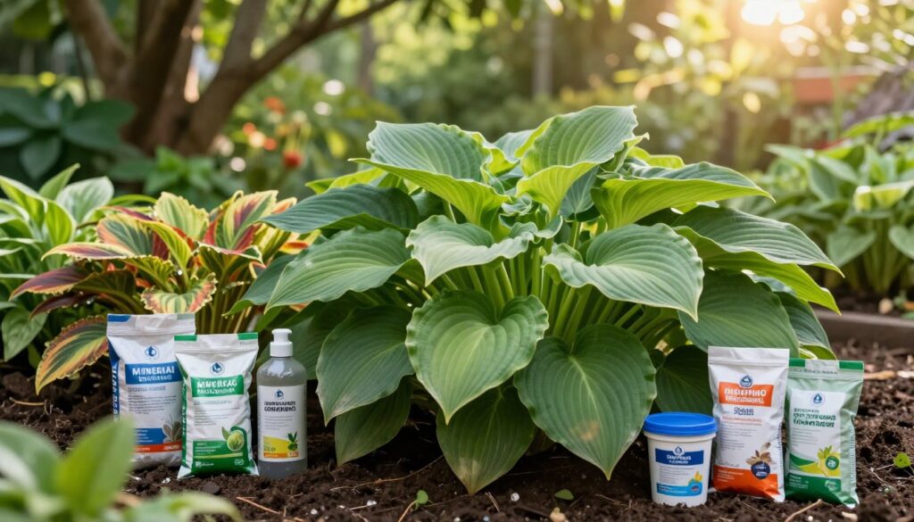 A lush garden scene showcasing vibrant hostas, with large green leaves and a diverse array of colors in the foliage. In the foreground, a variety of fertilizers — mineral, organic, and slow-release types — are displayed artfully in small bags and containers, highlighting their labels. The middle ground features the hostas thriving in rich, dark soil, providing a healthy and lush appearance. In the background, a soft-focus garden with dappled sunlight filtering through tree branches creates a serene atmosphere. The lighting is warm and inviting, with a slight glow to enhance the richness of the greens. A low angle captures the height and grandeur of the hostas, emphasizing their impressive leaf size. The overall mood is one of growth, nourishment, and botanical beauty. A lush garden scene showcasing vibrant hostas, with large green leaves and a diverse array of colors in the foliage. In the foreground, a variety of fertilizers — mineral, organic, and slow-release types — are displayed artfully in small bags and containers, highlighting their labels. The middle ground features the hostas thriving in rich, dark soil, providing a healthy and lush appearance. In the background, a soft-focus garden with dappled sunlight filtering through tree branches creates a serene atmosphere. The lighting is warm and inviting, with a slight glow to enhance the richness of the greens. A low angle captures the height and grandeur of the hostas, emphasizing their impressive leaf size. The overall mood is one of growth, nourishment, and botanical beauty.