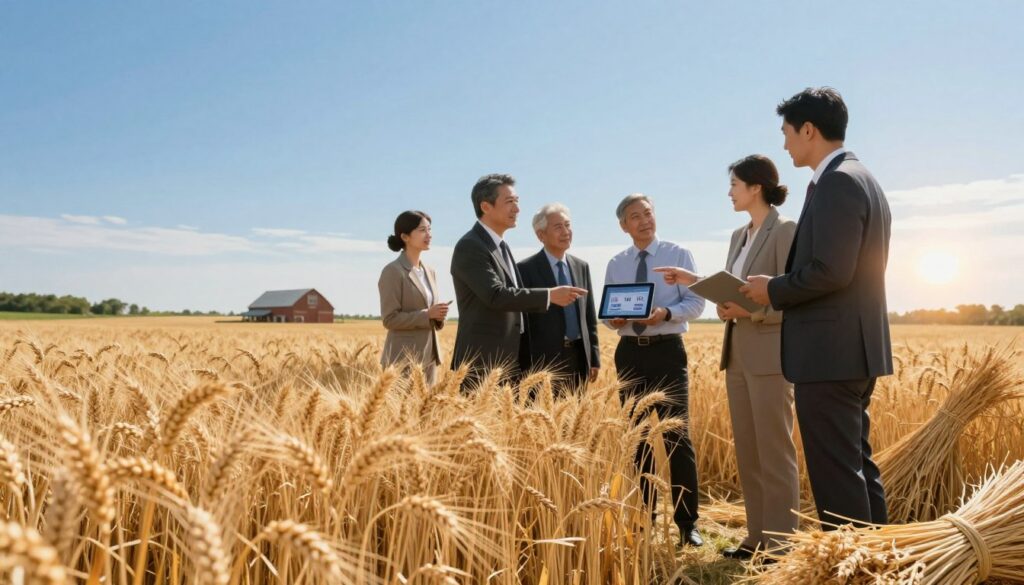 A modern agricultural scene highlighting wheat fields under a clear blue sky, capturing the essence of staple crops with vibrant golden stalks swaying in a gentle breeze. In the foreground, several bundles of freshly harvested wheat are neatly arranged, symbolizing agricultural prosperity. In the middle ground, a group of professionals in business attire are engaged in a discussion, pointing toward a digital tablet displaying fluctuating VAT rates; their expressions show focus and clarity. The background features a picturesque rural landscape, with a barn and a setting sun casting warm light, creating an optimistic atmosphere. The image should have bright, natural lighting, with a slight depth of field to emphasize the wheat while keeping the professional interaction clear and engaging.