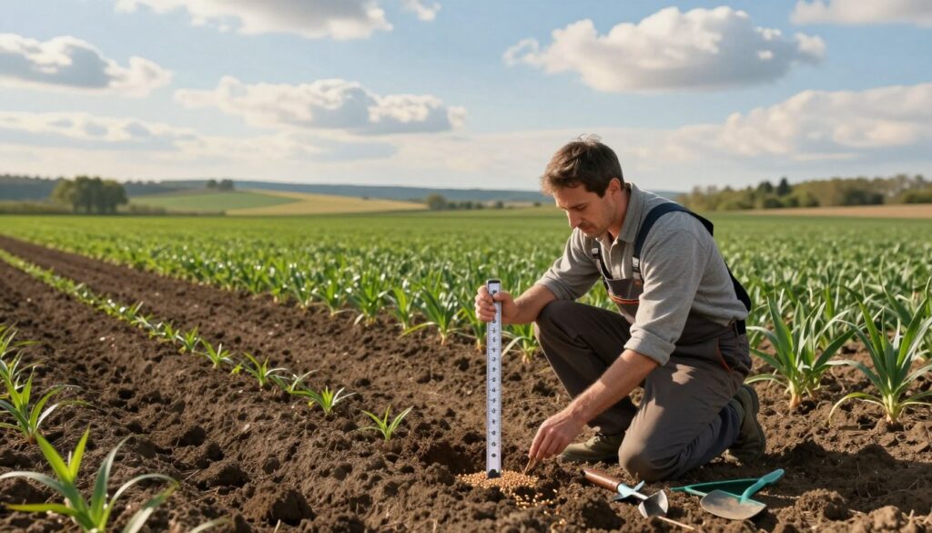 A picturesque agricultural scene illustrating the concept of "głębokość siewu." In the foreground, a farmer in professional attire kneels by a freshly plowed field, using a measuring stick to demonstrate the ideal planting depth for seeds, surrounded by scattered seeds and small gardening tools. In the middle ground, the field is lush with spring crops, green rows indicating newly sown seeds. The background features a blue sky with soft, fluffy clouds and distant rolling hills, encapsulating a serene farming landscape. Soft, golden sunlight bathes the scene, casting gentle shadows that enhance the textures of the soil and plants, evoking a sense of hopeful anticipation for a bountiful harvest. A picturesque agricultural scene illustrating the concept of "głębokość siewu." In the foreground, a farmer in professional attire kneels by a freshly plowed field, using a measuring stick to demonstrate the ideal planting depth for seeds, surrounded by scattered seeds and small gardening tools. In the middle ground, the field is lush with spring crops, green rows indicating newly sown seeds. The background features a blue sky with soft, fluffy clouds and distant rolling hills, encapsulating a serene farming landscape. Soft, golden sunlight bathes the scene, casting gentle shadows that enhance the textures of the soil and plants, evoking a sense of hopeful anticipation for a bountiful harvest.