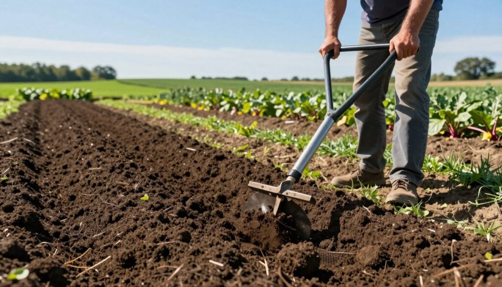 A picturesque agricultural scene showcasing soil preparation for beetroot planting. In the foreground, a farmer in modest casual clothing is using a hand tiller to aerate rich, dark soil, revealing its texture and moisture. Moving to the middle ground, there’s a neatly organized garden bed with freshly tilled earth, ready for sowing seeds. In the background, a bright blue sky contrasts with lush green fields and distant trees, conveying a sense of serenity and optimism. Soft sunlight bathes the scene, highlighting the glistening moisture in the soil, creating a warm and inviting atmosphere. The angle is slightly low, emphasizing the farmer’s diligent work and the nutrient-rich soil, embodying the essence of careful cultivation.