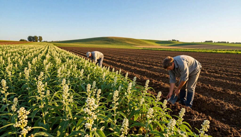 A picturesque farming landscape showcasing the cultivation of buckwheat (gryka). In the foreground, lush fields of vibrant green buckwheat plants are thriving, with delicate white blossoms. Farmers in modest casual clothing are gently tending to the crops, one holding a small spade and examining the soil. The middle ground features rows of fertile dark soil, rich with nutrients, under clear blue skies, while a soft golden sunlight bathes the scene, enhancing the textures of the plants and soil. In the background, gently rolling hills create a serene atmosphere, dotted with distant trees beneath a warm, inviting sunlight. The overall mood conveys a sense of abundance and connection to nature, highlighting the agricultural practices and challenges of modern buckwheat farming.