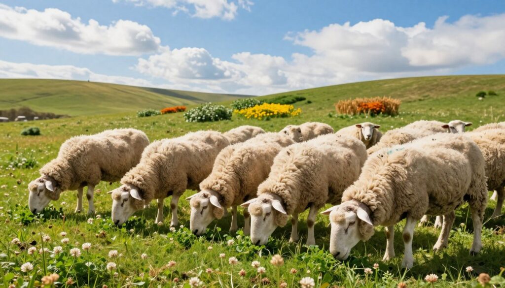 A picturesque pastoral scene depicting a flock of healthy sheep grazing on lush green grass, highlighting their daily diet. In the foreground, focus on a few sheep with thick, fluffy wool, actively munching on fresh clover and wildflowers, showcasing their natural feeding behavior. The middle ground features a gently rolling hillside, dotted with patches of vibrant herbs and grains, symbolizing a diverse diet. In the background, a bright blue sky with fluffy white clouds enhances the tranquil atmosphere, while the warm golden sunlight casts soft shadows on the landscape. The image conveys a sense of health and vitality, emphasizing the importance of proper nutrition in sheep farming.