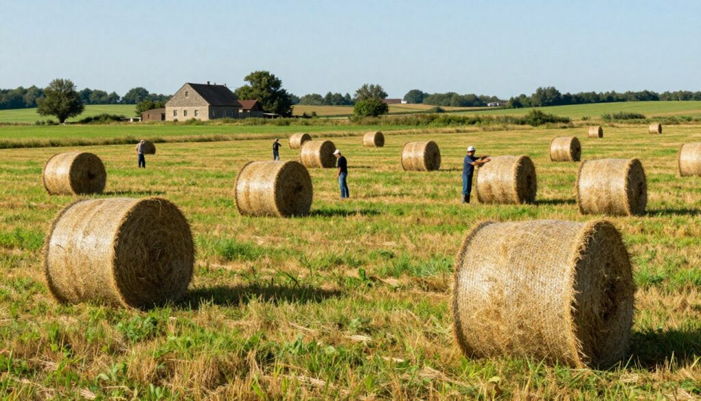 A picturesque rural scene depicting a lush green field filled with neatly stacked bales of hay, known as "siana." In the foreground, several round bales are artistically arranged to create a sense of depth, showing their rich texture and golden color. The middle ground features a few farmers in modest casual clothing, carefully inspecting the hay bales, symbolizing quality assessment and cost comparison. In the background, a quaint farmhouse and distant trees under a bright blue sky enhance the idyllic setting. Natural sunlight bathes the entire scene in a warm glow, evoking a sense of tranquility and diligence. The angle should be slightly elevated, providing a sweeping view that captures both the abundance of hay and the hard work involved in its production and sale. A picturesque rural scene depicting a lush green field filled with neatly stacked bales of hay, known as "siana." In the foreground, several round bales are artistically arranged to create a sense of depth, showing their rich texture and golden color. The middle ground features a few farmers in modest casual clothing, carefully inspecting the hay bales, symbolizing quality assessment and cost comparison. In the background, a quaint farmhouse and distant trees under a bright blue sky enhance the idyllic setting. Natural sunlight bathes the entire scene in a warm glow, evoking a sense of tranquility and diligence. The angle should be slightly elevated, providing a sweeping view that captures both the abundance of hay and the hard work involved in its production and sale.