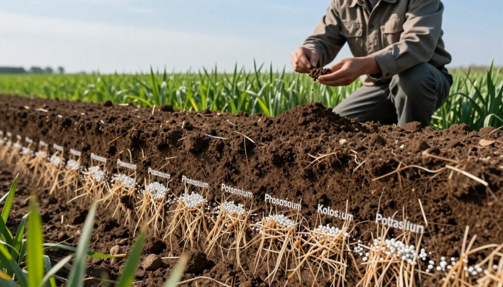 A rich agricultural landscape showcasing a soil cross-section in vivid detail, highlighting layers of earth that contain varying amounts of phosphorus and potassium. In the foreground, a close-up of well-structured soil, with grains of fertilizer visibly embedded among roots of winter wheat, representing different nutrient levels. In the middle ground, a farmer in professional attire is examining a soil sample, demonstrating best practices for fertilization. The background features a vast field of healthy, green winter wheat under a bright yet soft natural light, casting gentle shadows, creating a productive atmosphere. A clear blue sky adds to the serene mood of the scene, emphasizing the importance of soil health and nutrient management. A rich agricultural landscape showcasing a soil cross-section in vivid detail, highlighting layers of earth that contain varying amounts of phosphorus and potassium. In the foreground, a close-up of well-structured soil, with grains of fertilizer visibly embedded among roots of winter wheat, representing different nutrient levels. In the middle ground, a farmer in professional attire is examining a soil sample, demonstrating best practices for fertilization. The background features a vast field of healthy, green winter wheat under a bright yet soft natural light, casting gentle shadows, creating a productive atmosphere. A clear blue sky adds to the serene mood of the scene, emphasizing the importance of soil health and nutrient management.