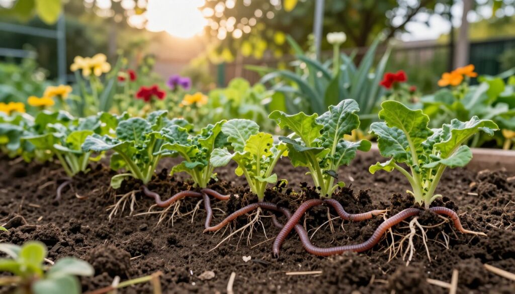 A rich, dark earthy soil is the focus of the foreground, teeming with healthy, vibrant roots of various plants intertwined with California red worms, showing their beneficial presence. In the middle ground, a flourishing garden with a variety of colorful vegetables and flowers is visible, illustrating the positive effects of worm compost on plant life. In the background, soft sunlight breaks through a light canopy of leaves, creating a warm and inviting atmosphere. The shot is taken from a low angle, emphasizing the richness of the soil and the vitality of the plants above. The lighting is warm, highlighting the textures of the soil and the greens of the foliage, evoking a sense of growth and sustainability in an organic garden environment. A rich, dark earthy soil is the focus of the foreground, teeming with healthy, vibrant roots of various plants intertwined with California red worms, showing their beneficial presence. In the middle ground, a flourishing garden with a variety of colorful vegetables and flowers is visible, illustrating the positive effects of worm compost on plant life. In the background, soft sunlight breaks through a light canopy of leaves, creating a warm and inviting atmosphere. The shot is taken from a low angle, emphasizing the richness of the soil and the vitality of the plants above. The lighting is warm, highlighting the textures of the soil and the greens of the foliage, evoking a sense of growth and sustainability in an organic garden environment.