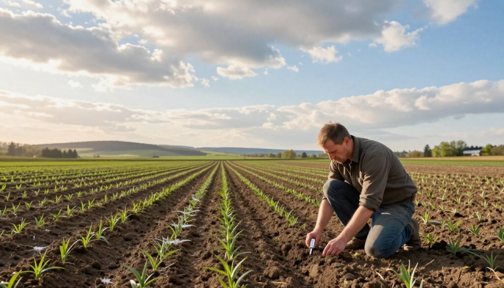 A serene Polish agricultural landscape in May, featuring freshly sown fields with emerging green shoots under a mixed sky of soft clouds and bright blue. In the foreground, illustrate a farmer wearing modest casual clothing, kneeling and gently checking the soil temperature with a thermometer, emphasizing the importance of the right conditions for sowing. In the middle ground, neatly organized rows of young crops are visible, representing various plants suitable for planting in May while subtly showcasing areas with frost risk. The background features distant rolling hills and a hint of early morning sunlight breaking through, casting a warm glow over the scene. The overall atmosphere should convey hope and diligence, capturing the essence of spring farming in Poland. A serene Polish agricultural landscape in May, featuring freshly sown fields with emerging green shoots under a mixed sky of soft clouds and bright blue. In the foreground, illustrate a farmer wearing modest casual clothing, kneeling and gently checking the soil temperature with a thermometer, emphasizing the importance of the right conditions for sowing. In the middle ground, neatly organized rows of young crops are visible, representing various plants suitable for planting in May while subtly showcasing areas with frost risk. The background features distant rolling hills and a hint of early morning sunlight breaking through, casting a warm glow over the scene. The overall atmosphere should convey hope and diligence, capturing the essence of spring farming in Poland.