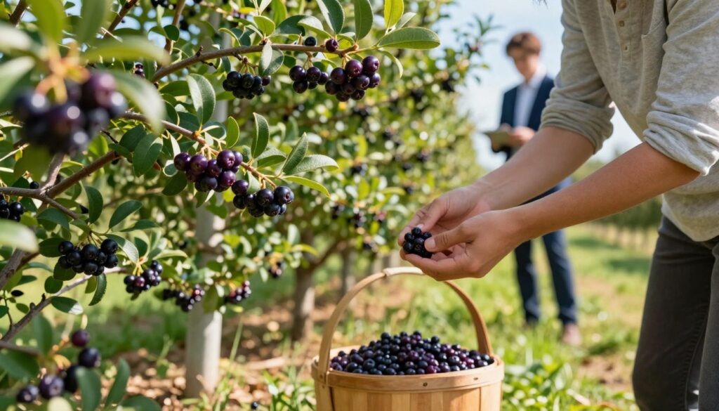 A serene aronia farm scene during harvest season, depicting a well-maintained garden with lush, dark-purple aronia berries hanging from branches laden with green leaves. In the foreground, a person in modest casual clothing gently picking berries, showing care and attention to the fruit. In the middle ground, a wooden basket filled with freshly collected aronia berries rests on the grass, while another individual wearing professional business attire is comparing berries, illustrating teamwork. In the background, rows of aronia bushes stretch out under a bright blue sky, with sunlight casting soft shadows, creating a warm, inviting atmosphere. The focus is sharp on the berries and the workers, with a slight bokeh effect enhancing the depth of field to emphasize the harvest activity.