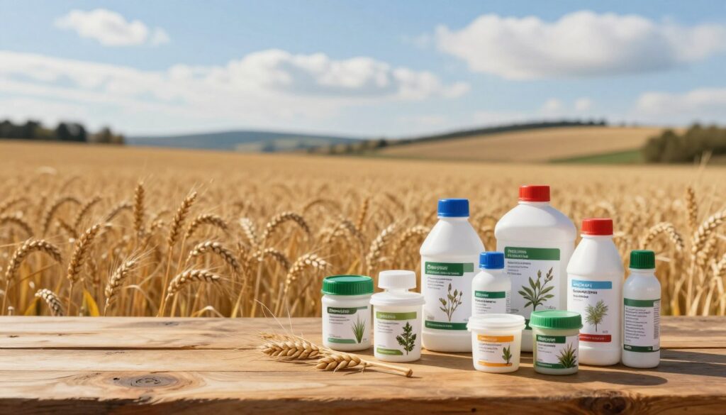 A serene autumn landscape showing a field of winter cereal grains, specifically pszenżyto ozime, in a vibrant golden-brown hue. In the foreground, depict a well-lit scattering of various herbicide mixtures in small, labeled containers, arranged neatly on a rustic wooden table, showcasing labels with scientific illustrations of weeds. The background features a softly blurred view of distant rolling hills under a bright blue sky with fluffy white clouds. Warm, natural sunlight casts gentle shadows, enhancing the autumn feel. The mood should be professional and informative, ideal for an agricultural discussion, capturing the essence of seasonal pesticide application. Emphasize clarity and detail while maintaining a clean composition without text or overlays.