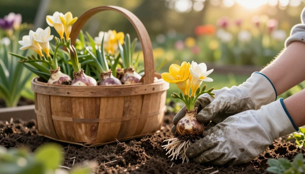 A serene garden scene depicting the careful process of storing freesia bulbs after the blooming season. In the foreground, a pair of hands, clad in garden gloves, gently lift vibrant freesia bulbs from rich, dark soil, showcasing their delicate roots and earthy texture. In the middle ground, a rustic wooden basket filled with assorted bulbs is nestled among fresh green foliage, suggesting a bountiful harvest. The background reveals a softly blurred garden with hints of other blooming flowers under warm, golden hour sunlight, casting soft shadows. The atmosphere is tranquil and inviting, emphasizing the beauty of gardening and the importance of preserving these exquisite plants for future growth.