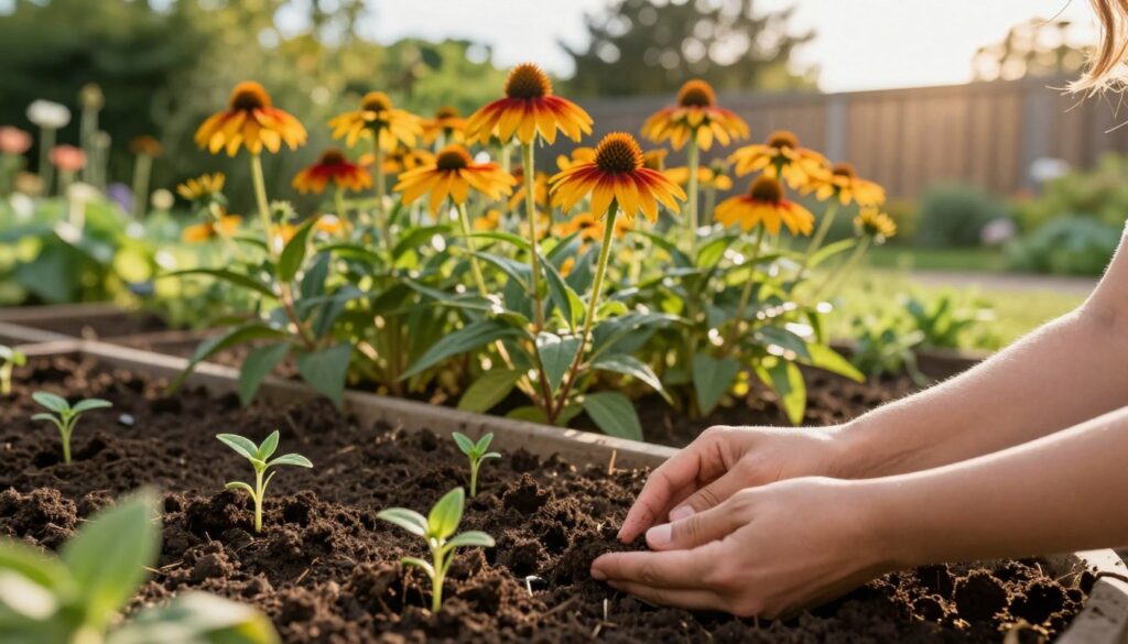 A serene garden scene depicting the planting of echinacea (coneflower) seeds in rich, dark soil. In the foreground, a pair of hands gently placing seeds into the ground, with a few sprouting plants surrounding them, showcasing a nurturing process. In the middle ground, a lush, vibrant garden filled with healthy echinacea plants, their colorful flowers beginning to bloom under the warm sunlight. The background reveals a soft-focus view of a garden fence and green trees, creating a tranquil and inviting atmosphere. The lighting is golden hour, casting a warm glow over the scene, emphasizing the joy of gardening and the care involved in planting. The composition suggests a sense of growth, hope, and the beauty of nature in cultivation. A serene garden scene depicting the planting of echinacea (coneflower) seeds in rich, dark soil. In the foreground, a pair of hands gently placing seeds into the ground, with a few sprouting plants surrounding them, showcasing a nurturing process. In the middle ground, a lush, vibrant garden filled with healthy echinacea plants, their colorful flowers beginning to bloom under the warm sunlight. The background reveals a soft-focus view of a garden fence and green trees, creating a tranquil and inviting atmosphere. The lighting is golden hour, casting a warm glow over the scene, emphasizing the joy of gardening and the care involved in planting. The composition suggests a sense of growth, hope, and the beauty of nature in cultivation.