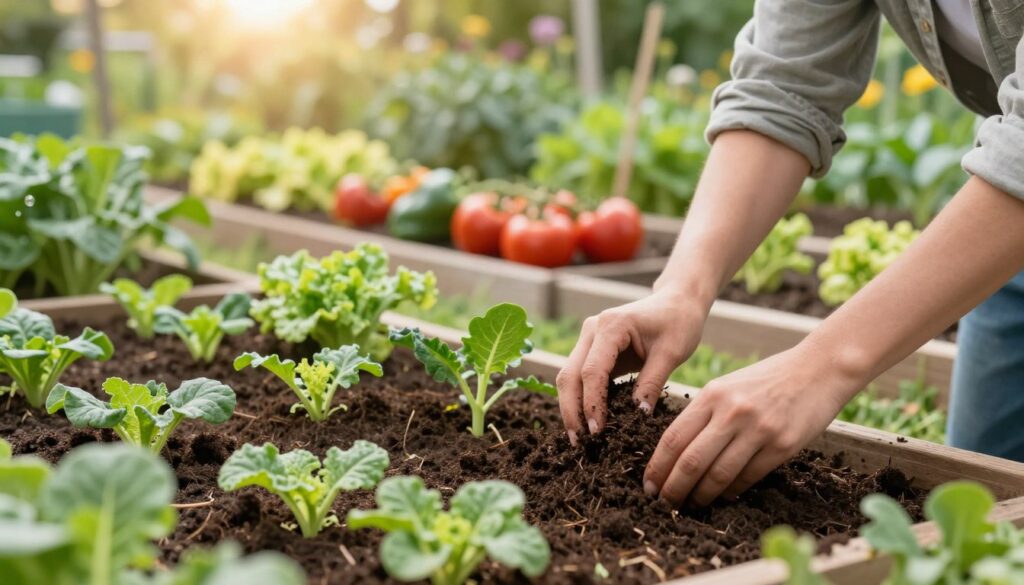 A serene garden scene depicting the process of applying compost to vegetable beds, with a focus on proper technique. In the foreground, a person dressed in modest casual clothing is carefully spreading rich, dark compost around young green plants without disturbing their roots. The middle ground showcases well-organized vegetable beds, vibrant with colorful vegetables like tomatoes, peppers, and leafy greens. In the background, a lush garden setting with soft sunlight filtering through, creating a warm and inviting atmosphere. The scene is framed with a slight depth of field to emphasize the gardening activity while gently blurring the sides. The overall mood is peaceful, informative, and encouraging, emphasizing a nurturing approach to gardening.