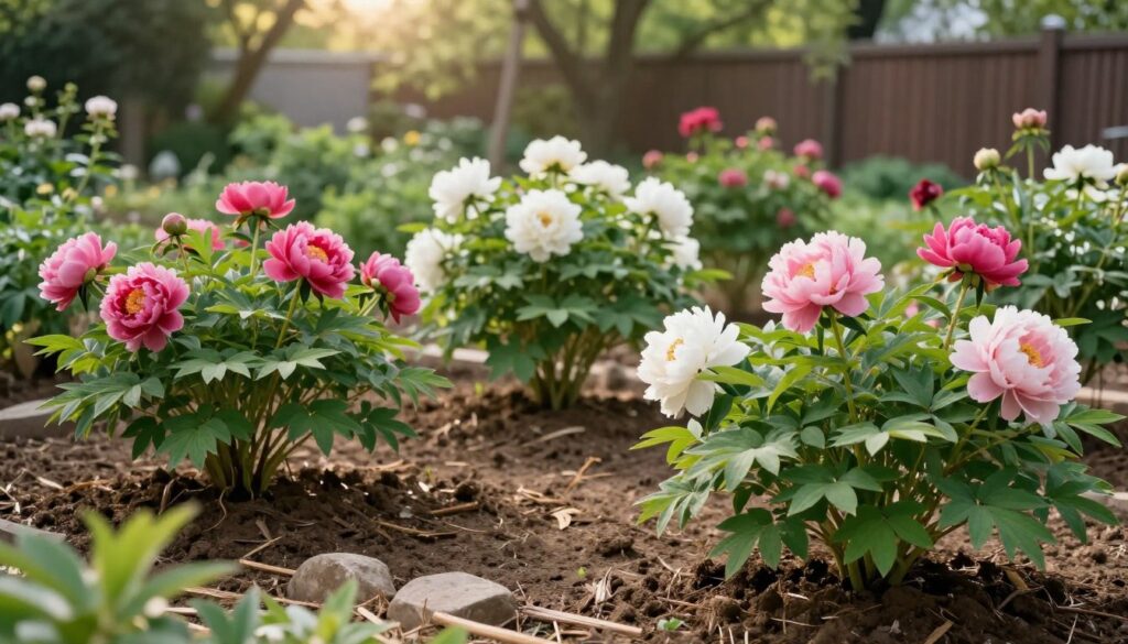 A serene garden scene focusing on well-tilled soil rich in nutrients, showcasing vibrant peony plants interspersed with lush green foliage. In the foreground, highlight a variety of peony flowers in various stages of bloom, emphasizing their delicate petals and rich colors—from deep pinks to soft whites. The middle ground features a garden bed with moist, dark soil, dotted with natural mulch and small stones, symbolizing ideal growing conditions. In the background, a softly blurred fence and gentle sunlight filtering through leafy trees create a peaceful atmosphere, enhancing the mood of tranquility and nurturing. The image should have warm, natural lighting to evoke a sense of growth and vitality, captured from a slightly elevated angle to provide depth. A serene garden scene focusing on well-tilled soil rich in nutrients, showcasing vibrant peony plants interspersed with lush green foliage. In the foreground, highlight a variety of peony flowers in various stages of bloom, emphasizing their delicate petals and rich colors—from deep pinks to soft whites. The middle ground features a garden bed with moist, dark soil, dotted with natural mulch and small stones, symbolizing ideal growing conditions. In the background, a softly blurred fence and gentle sunlight filtering through leafy trees create a peaceful atmosphere, enhancing the mood of tranquility and nurturing. The image should have warm, natural lighting to evoke a sense of growth and vitality, captured from a slightly elevated angle to provide depth.