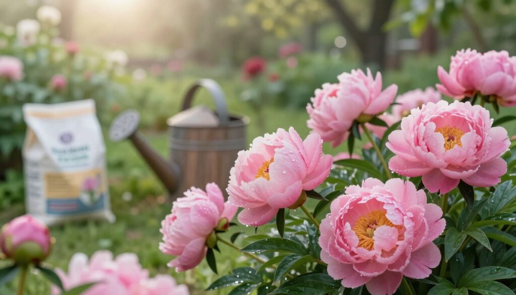 A serene garden scene in soft morning light, depicting a close-up of lush, pink peonies in full bloom. In the foreground, vibrant peonies are surrounded by green foliage, showcasing droplets of water glistening on their petals after a refreshing rain. The middle ground features a rustic wooden watering can and organic fertilizer bags, indicating care and nurturing. In the background, a blurred garden with gentle sunlight filtering through trees creates a tranquil atmosphere. The composition should evoke a sense of growth and prosperity, reflecting the essence of flower care. Use a shallow depth of field for focus on the flowers while the background remains softly blurred, enhancing the peaceful mood of the gardening scene. Ideal for an article about caring for peonies during their bloom season. A serene garden scene in soft morning light, depicting a close-up of lush, pink peonies in full bloom. In the foreground, vibrant peonies are surrounded by green foliage, showcasing droplets of water glistening on their petals after a refreshing rain. The middle ground features a rustic wooden watering can and organic fertilizer bags, indicating care and nurturing. In the background, a blurred garden with gentle sunlight filtering through trees creates a tranquil atmosphere. The composition should evoke a sense of growth and prosperity, reflecting the essence of flower care. Use a shallow depth of field for focus on the flowers while the background remains softly blurred, enhancing the peaceful mood of the gardening scene. Ideal for an article about caring for peonies during their bloom season.