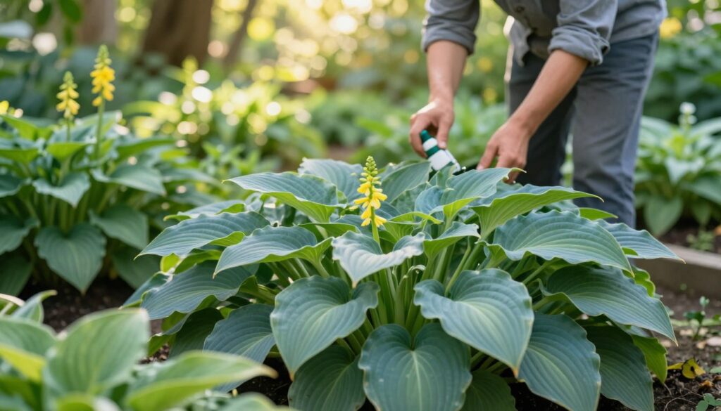 A serene garden scene showcasing a variety of hostas (funkie) in a lush green landscape. In the foreground, healthy hosta plants with large, vibrant leaves show rich shades of green and hints of blue, indicating proper nourishment. Some hostas display delicate yellow flowers, while others have fresh growth, emphasizing vitality. The middle ground features a gardener in modest casual clothing, gently applying fertilizer around the hostas, demonstrating the act of nourishing the plants. The background contains soft, dappled sunlight filtering through nearby trees, creating a warm, inviting atmosphere. The scene is captured with a shallow depth of field, highlighting the hostas’ leaves in crisp detail while the background remains softly blurred. The mood is tranquil and nurturing, perfect for illustrating the importance of care in achieving lush, healthy hostas. A serene garden scene showcasing a variety of hostas (funkie) in a lush green landscape. In the foreground, healthy hosta plants with large, vibrant leaves show rich shades of green and hints of blue, indicating proper nourishment. Some hostas display delicate yellow flowers, while others have fresh growth, emphasizing vitality. The middle ground features a gardener in modest casual clothing, gently applying fertilizer around the hostas, demonstrating the act of nourishing the plants. The background contains soft, dappled sunlight filtering through nearby trees, creating a warm, inviting atmosphere. The scene is captured with a shallow depth of field, highlighting the hostas’ leaves in crisp detail while the background remains softly blurred. The mood is tranquil and nurturing, perfect for illustrating the importance of care in achieving lush, healthy hostas.