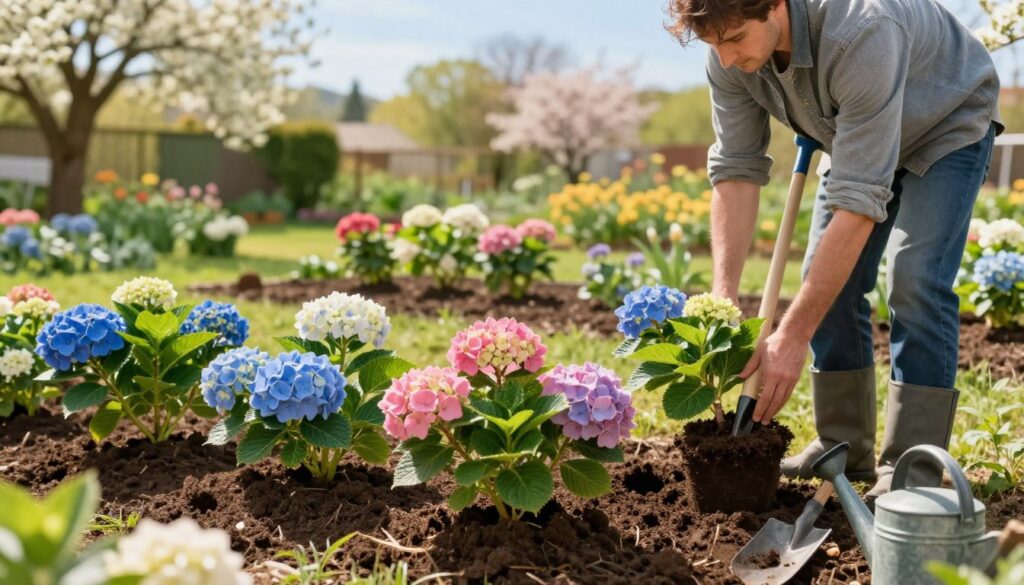 A serene gardening scene in early spring, showcasing a gardener in modest casual attire planting vibrant hydrangea bushes in rich, dark soil. In the foreground, a variety of hydrangea plants, with lush green leaves and blossoming flowers in blue, pink, and white, are nestled in neatly arranged mounds of earth. The middle ground features a well-prepared garden bed, surrounded by tools like a spade and watering can, highlighting gardening essentials. In the background, a softly blurred landscape of a sunlit garden with trees beginning to bloom, under a bright blue sky, creates a hopeful atmosphere. The lighting is warm and inviting, casting gentle shadows and enhancing the colors of the flowers. The overall mood is peaceful and reflective, capturing the essence of spring planting.