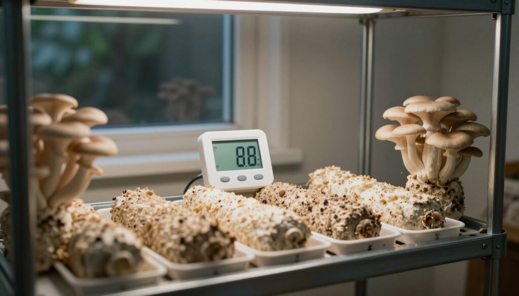 A serene indoor environment ideal for cultivating mushrooms, showcasing a small, controlled growing area. In the foreground, a well-organized shelf with trays of mushroom substrate, demonstrating the humidity and temperature control aspects. The middle features a digital thermometer and hygrometer displaying optimal levels, reflecting a healthy growing environment. The background reveals a dimly lit, windowless room to emphasize the importance of low light conditions. Soft, diffuse lighting creates a calm and inviting atmosphere, perfect for nurturing mushroom growth. The overall color palette includes earthy tones—browns, greens, and subtle blues—to convey a natural and organic feel, invoking a sense of tranquility and focus on cultivating mushrooms indoors.