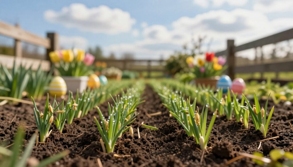 A serene spring garden scene depicting freshly sown oats for Easter. In the foreground, vibrant green sprouts of oats are emerging from rich, dark soil, arranged neatly in rows. The middle ground features colorful Easter decorations like painted eggs and cheerful flower arrangements, symbolizing the festive spirit. The background showcases a soft blue sky dotted with fluffy white clouds, casting gentle sunlight over the scene. A rustic wooden fence frames the garden, adding to the pastoral charm. The atmosphere is uplifting and peaceful, evoking a sense of renewal and anticipation for the holiday. Capture details such as the glistening dewdrops on the oats and the warm sunlight creating a golden hue, all with a shallow depth of field to enhance focus on the oats.