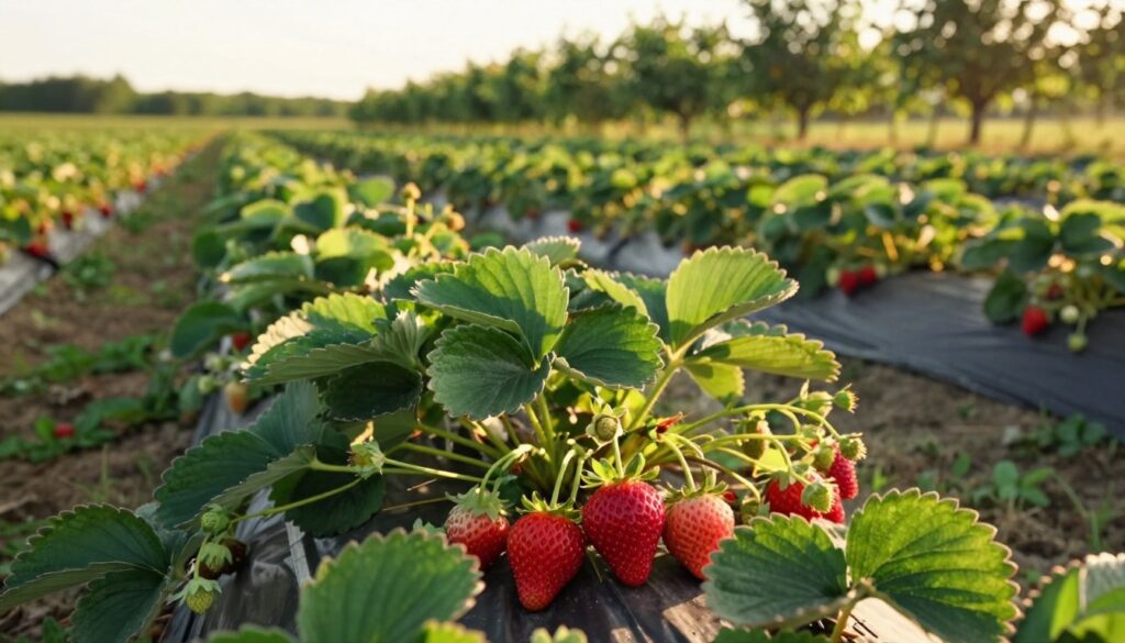 A serene summer strawberry field during the golden hour, with ripe strawberries glistening under the warm sunlight. In the foreground, vivid red strawberries are nestled among lush green leaves, some slightly overripe and beginning to soften. The middle ground features rows of strawberry plants, while a soft blur of a distant orchard creates depth in the background. Gentle sunlight casts a warm glow, enhancing the hues of red and green, while delicate shadows add texture. The atmosphere is tranquil and nostalgic, evoking the end of the strawberry season. The scene invites viewers to appreciate the fleeting beauty of these berries, capturing the essence of harvest time without any distractions or human presence.