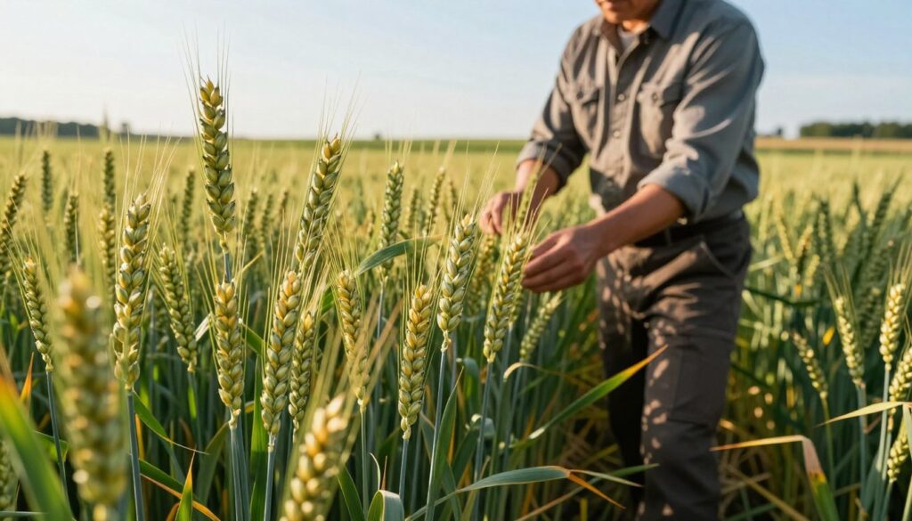 A split-field comparison showcasing rye and wheat in a lush, green agricultural landscape. In the foreground, vibrant rye stalks with distinct bearded tips, characterized by their slender, elongated forms and unique seed heads, contrasting with the thicker, bushier wheat plants showcasing golden grains and broader leaves. The middle ground features a farmer in professional attire examining the plants, emphasizing the practical identification of the crops. The background displays a picturesque countryside under a soft, warm sunlight, casting gentle shadows across the fields, and a clear blue sky. The scene evokes a sense of tranquility and diligence in agriculture, highlighting the differences between these cereal grains in their natural habitat.