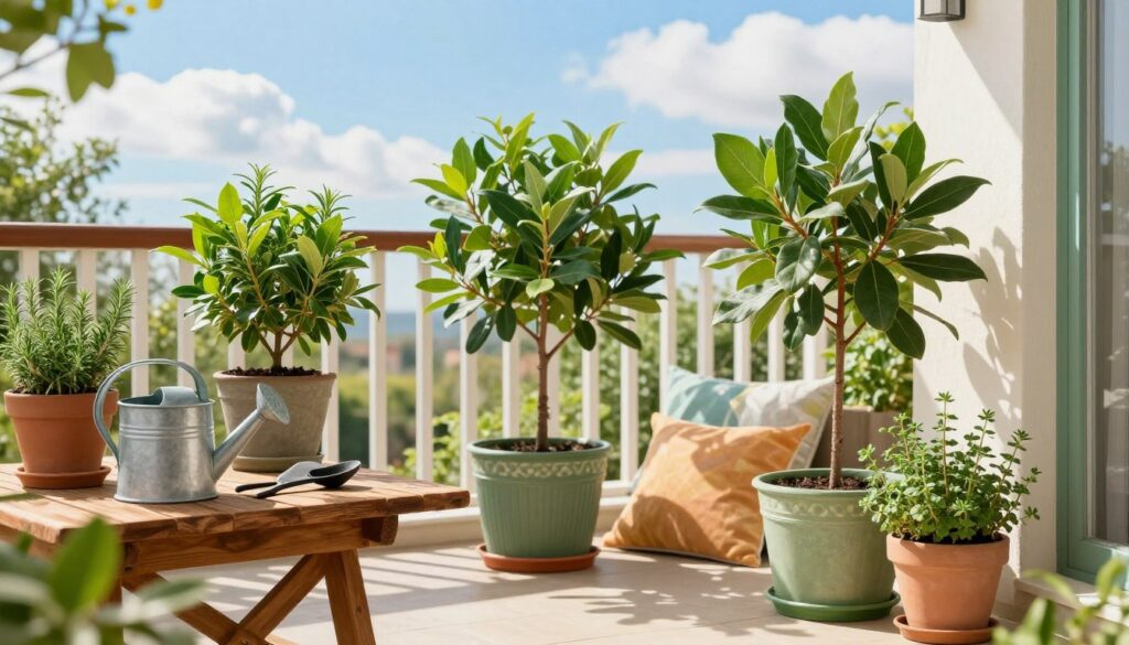 A sunlit balcony filled with vibrant green bay laurel plants in decorative pots, showcasing their lush leaves swaying gently in a light breeze. In the foreground, a rustic wooden table holds a watering can and gardening tools, hinting at care and maintenance. Lush potted herbs like rosemary and thyme complement the bay laurel, adding to the summer garden ambiance. The middle ground features comfortable outdoor seating, accentuated by colorful cushions, inviting relaxation. In the background, a bright blue sky with fluffy white clouds enhances the serene atmosphere. Soft sunlight filters through, casting gentle shadows that evoke a peaceful, summery vibe perfect for nurturing plants. The composition focuses on the essence of summer gardening, emphasizing care and growth in outdoor spaces. A sunlit balcony filled with vibrant green bay laurel plants in decorative pots, showcasing their lush leaves swaying gently in a light breeze. In the foreground, a rustic wooden table holds a watering can and gardening tools, hinting at care and maintenance. Lush potted herbs like rosemary and thyme complement the bay laurel, adding to the summer garden ambiance. The middle ground features comfortable outdoor seating, accentuated by colorful cushions, inviting relaxation. In the background, a bright blue sky with fluffy white clouds enhances the serene atmosphere. Soft sunlight filters through, casting gentle shadows that evoke a peaceful, summery vibe perfect for nurturing plants. The composition focuses on the essence of summer gardening, emphasizing care and growth in outdoor spaces.