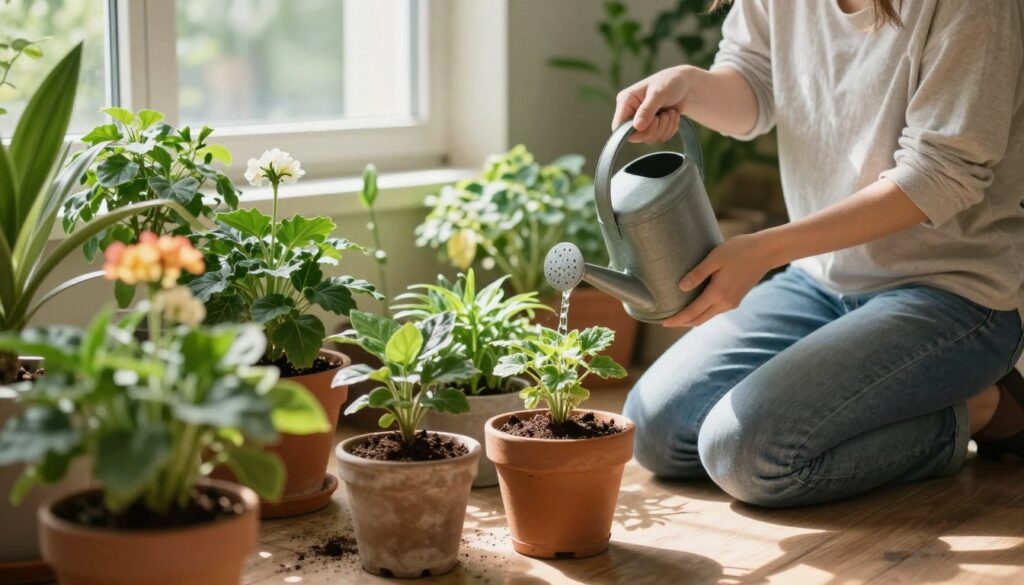 A sunlit indoor garden scene focused on a person gently watering potted plants with a watering can. The foreground features lush green plants, some with vibrant flowers, indicating healthy growth. In the middle ground, the gardener, dressed in modest casual clothing, kneels beside a collection of diverse plant pots, showcasing soil rich in texture. The background includes a window with soft, natural light filtering through, casting gentle shadows across the floor. The atmosphere is peaceful and nurturing, highlighting the importance of proper care in plant nourishment. The scene captures a serene connection with nature, emphasizing the rewarding experience of caring for plants.