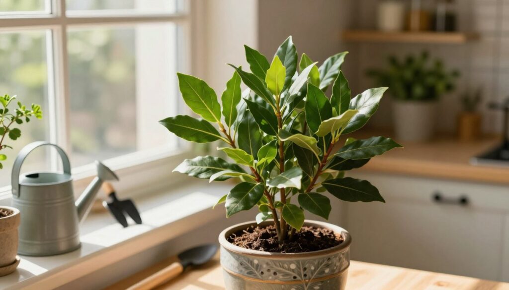 A thriving bay leaf plant in a decorative pot, positioned prominently in the foreground. The plant features lush, green, and aromatic leaves, indicating its health and vitality. In the middle ground, a sunlit kitchen windowsill is visible, adorned with gardening tools and a watering can, suggesting a scene of nurturing and care. The background softly blurs, revealing hints of kitchen shelves with herbs and spices, enhancing the homely atmosphere. The lighting is warm, filtering through the window, casting gentle shadows that evoke a cozy and inviting mood. The angle is a slightly elevated perspective, capturing both the plant and its nurturing environment, perfect for illustrating the art of caring for a bay leaf plant year-round. A thriving bay leaf plant in a decorative pot, positioned prominently in the foreground. The plant features lush, green, and aromatic leaves, indicating its health and vitality. In the middle ground, a sunlit kitchen windowsill is visible, adorned with gardening tools and a watering can, suggesting a scene of nurturing and care. The background softly blurs, revealing hints of kitchen shelves with herbs and spices, enhancing the homely atmosphere. The lighting is warm, filtering through the window, casting gentle shadows that evoke a cozy and inviting mood. The angle is a slightly elevated perspective, capturing both the plant and its nurturing environment, perfect for illustrating the art of caring for a bay leaf plant year-round.