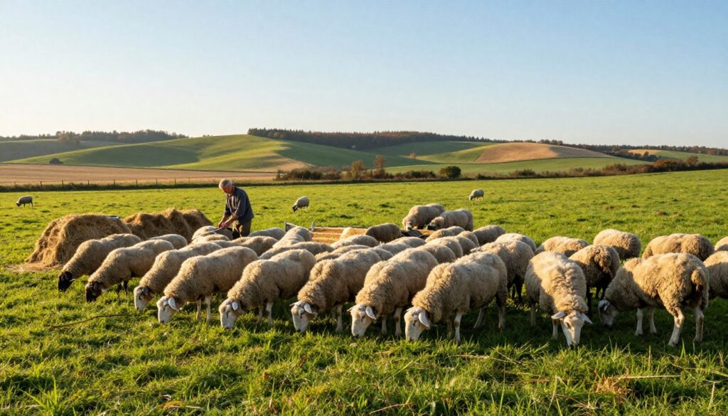 A tranquil pastoral scene in Poland, illustrating a comprehensive sheep feeding system during both the grazing season and winter. In the foreground, a flock of healthy sheep grazing on lush green grass, demonstrating the pasture-based feeding system. In the middle ground, an organized area with hay bales and fortified feed for winter nourishment, alongside a farmer in modest, casual clothing tending to the sheep. The background features rolling hills under a clear blue sky with soft, golden sunlight creating a warm atmosphere. Use a wide-angle lens to capture the expansive rural landscape, emphasizing the harmony between sheep, pasture, and the farmer. The overall mood is serene and informative, showcasing sustainable sheep nutrition practices.