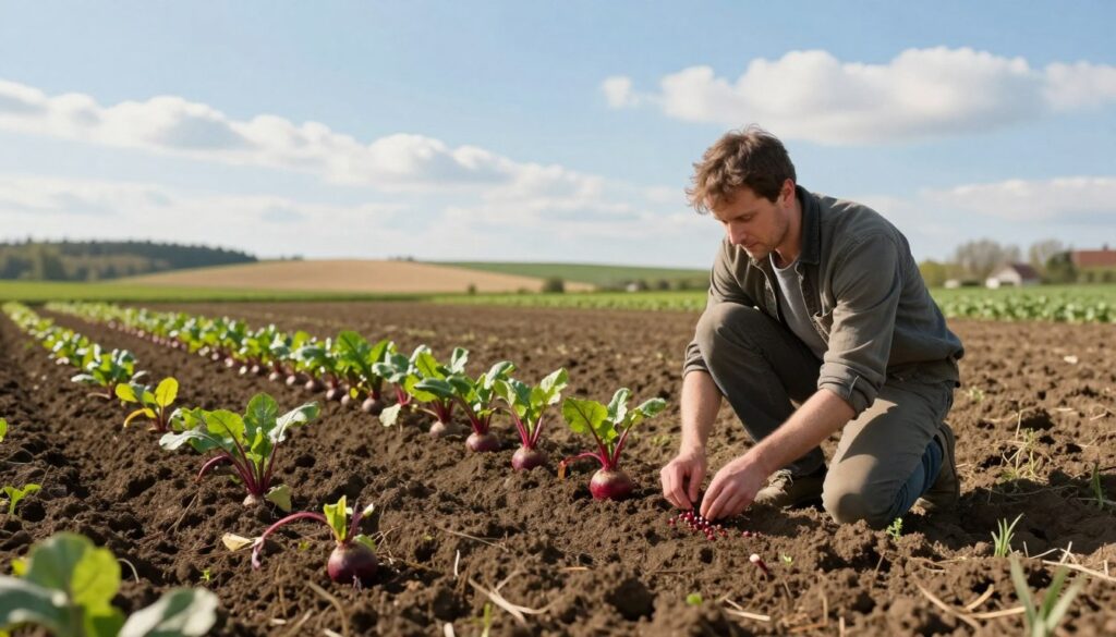 A tranquil rural scene in Poland during springtime, focusing on an expanse of freshly tilled soil ready for planting red beets. In the foreground, a gardener kneels with a planting tool, dressed in modest casual clothes, carefully placing seeds in neat rows. The middle ground features rows of vibrant green beet leaves emerging from the earth under gentle sunlight, hinting at optimal growing conditions. The background includes softly rolling hills and a clear blue sky dotted with a few fluffy clouds. The lighting is warm and inviting, capturing the essence of a peaceful planting day, with a shallow depth of field to emphasize the gardener and the initial stages of growth. The atmosphere is serene and hopeful, embodying the promise of a fruitful harvest. A tranquil rural scene in Poland during springtime, focusing on an expanse of freshly tilled soil ready for planting red beets. In the foreground, a gardener kneels with a planting tool, dressed in modest casual clothes, carefully placing seeds in neat rows. The middle ground features rows of vibrant green beet leaves emerging from the earth under gentle sunlight, hinting at optimal growing conditions. The background includes softly rolling hills and a clear blue sky dotted with a few fluffy clouds. The lighting is warm and inviting, capturing the essence of a peaceful planting day, with a shallow depth of field to emphasize the gardener and the initial stages of growth. The atmosphere is serene and hopeful, embodying the promise of a fruitful harvest.