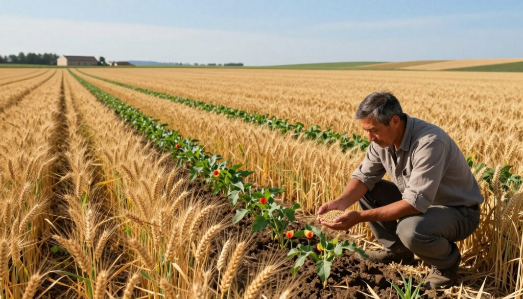 A vast agricultural field under a bright blue sky, showcasing rows of golden wheat interspersed with patches of green, representing the juxtaposition of sowing wheat after wheat. In the foreground, a farmer in modest casual clothing examines the soil, holding a handful of grains, with a thoughtful expression on his face. In the middle ground, various crop diseases are subtly depicted on some plants, suggesting the risks involved in continuous sowing. The background features a distant farmhouse and rolling hills, bathed in warm, soft sunlight that evokes a sense of hope and productivity. The scene captures a serene yet serious atmosphere, embodying the practical implications of crop rotation and the importance of sustainable agricultural practices. A vast agricultural field under a bright blue sky, showcasing rows of golden wheat interspersed with patches of green, representing the juxtaposition of sowing wheat after wheat. In the foreground, a farmer in modest casual clothing examines the soil, holding a handful of grains, with a thoughtful expression on his face. In the middle ground, various crop diseases are subtly depicted on some plants, suggesting the risks involved in continuous sowing. The background features a distant farmhouse and rolling hills, bathed in warm, soft sunlight that evokes a sense of hope and productivity. The scene captures a serene yet serious atmosphere, embodying the practical implications of crop rotation and the importance of sustainable agricultural practices.