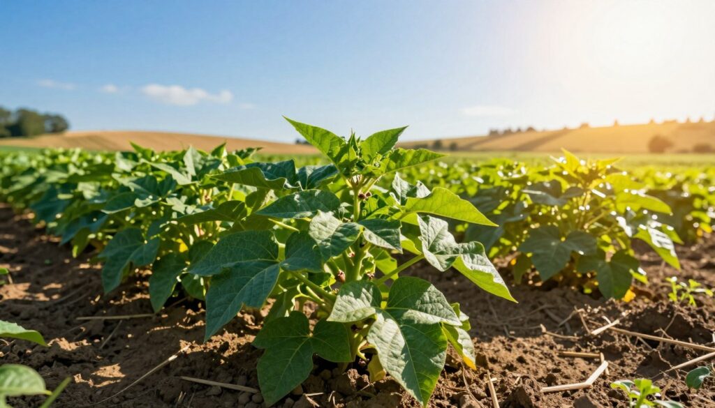 A vibrant agricultural landscape featuring a row of healthy sweet potato plants under the sunlight, emphasizing the importance of temperature and light for growth. The foreground showcases lush green sweet potato vines with large, heart-shaped leaves glistening in the sunlight. In the middle ground, warm, golden rays filter down through a clear blue sky, highlighting the essential role of optimal light conditions. The background includes a gentle slope of a rural Polish farmland, with soft shadows cast by the sun, creating a serene yet lively atmosphere. The scene should evoke a sense of vitality and harmony essential for successful crop cultivation, captured in a photographic style with a natural light effect, focusing on the interplay of temperature and light. A vibrant agricultural landscape featuring a row of healthy sweet potato plants under the sunlight, emphasizing the importance of temperature and light for growth. The foreground showcases lush green sweet potato vines with large, heart-shaped leaves glistening in the sunlight. In the middle ground, warm, golden rays filter down through a clear blue sky, highlighting the essential role of optimal light conditions. The background includes a gentle slope of a rural Polish farmland, with soft shadows cast by the sun, creating a serene yet lively atmosphere. The scene should evoke a sense of vitality and harmony essential for successful crop cultivation, captured in a photographic style with a natural light effect, focusing on the interplay of temperature and light.