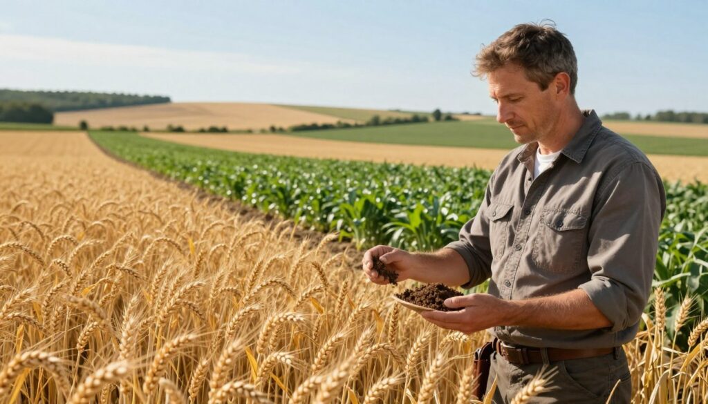 A vibrant agricultural scene depicting a farmer in professional attire examining fields of healthy, golden spelt (pszenżyto) ready for harvest. In the foreground, the farmer holds a soil sample while looking thoughtfully at the crops, symbolizing careful planning for crop succession. In the middle ground, rows of lush, green cover crops are interspersed with patches of spelt, illustrating the concept of crop rotation and disease management. The background features a picturesque rural landscape, with gently rolling hills under a clear blue sky. Soft, warm lighting filters through the scene, creating an inviting atmosphere that conveys the importance of sustainable farming practices. The overall mood is optimistic and focused on future growth and health of the soil. A vibrant agricultural scene depicting a farmer in professional attire examining fields of healthy, golden spelt (pszenżyto) ready for harvest. In the foreground, the farmer holds a soil sample while looking thoughtfully at the crops, symbolizing careful planning for crop succession. In the middle ground, rows of lush, green cover crops are interspersed with patches of spelt, illustrating the concept of crop rotation and disease management. The background features a picturesque rural landscape, with gently rolling hills under a clear blue sky. Soft, warm lighting filters through the scene, creating an inviting atmosphere that conveys the importance of sustainable farming practices. The overall mood is optimistic and focused on future growth and health of the soil.