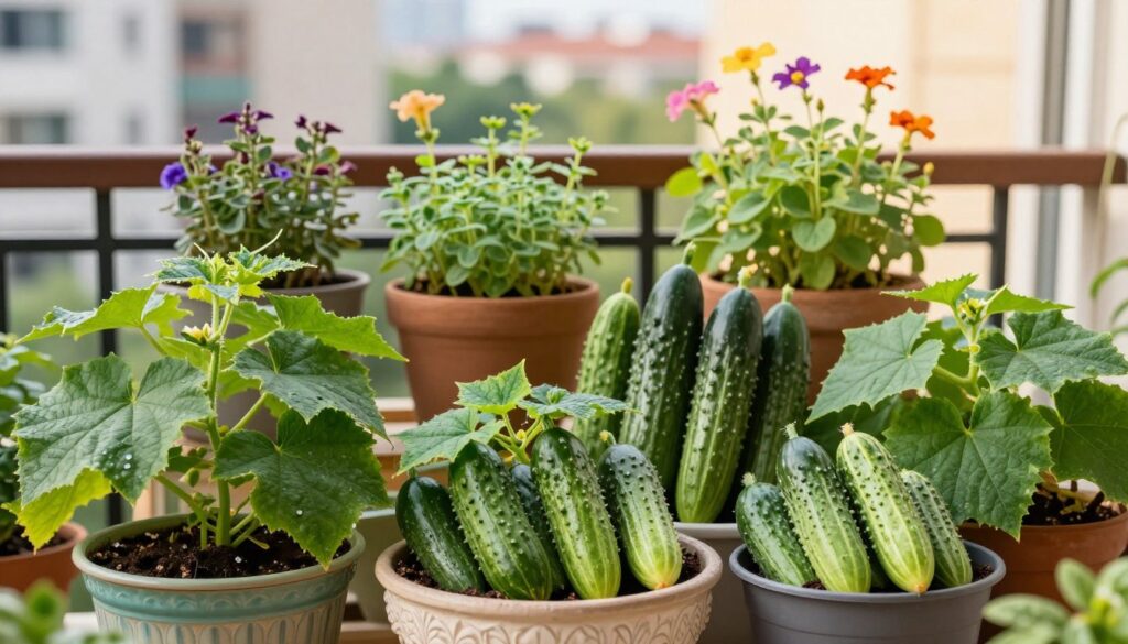 A vibrant and detailed arrangement of various cucumber varieties ideal for container gardening on a balcony, showcasing their unique leaf shapes and textures. In the foreground, feature healthy cucumber plants in decorative pots, displaying a mix of fruits in different stages of ripeness, emphasizing lush green foliage. The middle ground should depict a wooden balcony railing, adorned with small herb plants and colorful flowers to enhance the gardening atmosphere. In the background, softly blurred cityscape, suggesting an urban garden setting. Include warm, natural lighting as if it’s a sunny afternoon, with a shallow depth of field to focus on the cucumbers. The mood should feel fresh and inspiring, encouraging home gardening enthusiasts. A vibrant and detailed arrangement of various cucumber varieties ideal for container gardening on a balcony, showcasing their unique leaf shapes and textures. In the foreground, feature healthy cucumber plants in decorative pots, displaying a mix of fruits in different stages of ripeness, emphasizing lush green foliage. The middle ground should depict a wooden balcony railing, adorned with small herb plants and colorful flowers to enhance the gardening atmosphere. In the background, softly blurred cityscape, suggesting an urban garden setting. Include warm, natural lighting as if it’s a sunny afternoon, with a shallow depth of field to focus on the cucumbers. The mood should feel fresh and inspiring, encouraging home gardening enthusiasts.