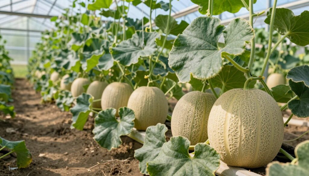 A vibrant and detailed image of melons growing in a Polish greenhouse, showcasing the ideal growing conditions for this fruit. In the foreground, depict ripe melons with smooth skins, some slightly mottled, resting on rich green leaves. In the middle ground, cultivate a lush greenhouse environment filled with rows of melon plants under bright, diffused sunlight, enhancing the warm and inviting atmosphere. Include soft shadows and highlights to emphasize the textures of the leaves and melons. In the background, suggest a clear blue sky visible through the greenhouse’s glass panels, indicating a pleasant climate. The overall mood should be fresh and optimistic, reflecting the agricultural potential of growing melons in Poland. The composition should focus on the beauty and promise of fruitful growth. A vibrant and detailed image of melons growing in a Polish greenhouse, showcasing the ideal growing conditions for this fruit. In the foreground, depict ripe melons with smooth skins, some slightly mottled, resting on rich green leaves. In the middle ground, cultivate a lush greenhouse environment filled with rows of melon plants under bright, diffused sunlight, enhancing the warm and inviting atmosphere. Include soft shadows and highlights to emphasize the textures of the leaves and melons. In the background, suggest a clear blue sky visible through the greenhouse’s glass panels, indicating a pleasant climate. The overall mood should be fresh and optimistic, reflecting the agricultural potential of growing melons in Poland. The composition should focus on the beauty and promise of fruitful growth.