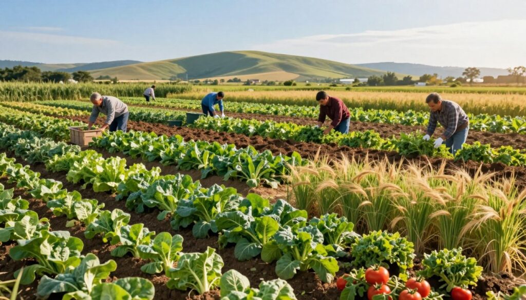 A vibrant and detailed landscape showcasing a diverse array of profitable crops suitable for various soil types. In the foreground, lush green fields are filled with healthy vegetables, such as tomatoes and leafy greens, alongside rows of grains swaying gently in the breeze. In the middle ground, farmers in professional attire carefully examining the soil and plants, depicting modern agricultural practices and market awareness. The background features rolling hills and a clear blue sky, with soft, warm sunlight creating an inviting atmosphere. The perspective is slightly elevated, giving a panoramic view that encapsulates the potential of local farming. The mood is optimistic and industrious, embodying the spirit of sustainable agriculture.